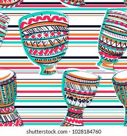 Seamless pattern with drums tam tam on striped background. Colorful hand drawn vector illustration