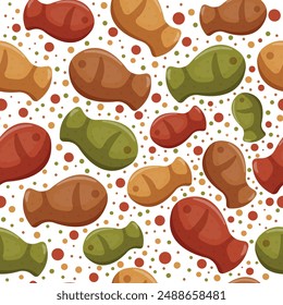 seamless pattern with dry cat food granules in the shape of a fish, which means it's a fish-flavored food, for a variety of design, polyraffy or packaging