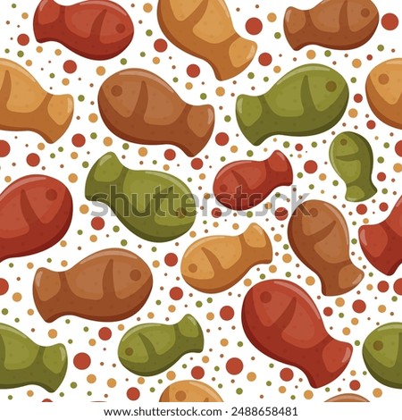 seamless pattern with dry cat food granules in the shape of a fish, which means it's a fish-flavored food, for a variety of design, polyraffy or packaging