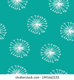 Seamless pattern of dry dandelion heads in white on teal.  Surface design for print.  Would be cute as a girls dress or decor.  Simple minimalist natural design.  Beautiful hand drawn weed texture.