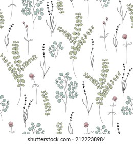 Seamless pattern of dry flowers lavender, eucalyptus, gomphrena. Linear minimalistic style illustration