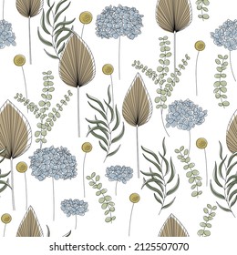 Seamless pattern of dry flowers, palm leaves, hydrangea, craspedia, eucalyptus. Linear minimalistic style illustration