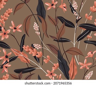 Seamless pattern with dry flowers. Vintage floral pattern with various plants, hand-drawn flowers, twigs and leaves. Old-fashioned design, natural colors, vector.
