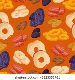 Seamless Pattern with Dry Fruits Apple, Prunes, Strawberry, Figs and Banana Visually Appealing Design, Creating Vibrant And Colorful Tile Perfect For Textiles, Wallpapers. Cartoon Vector Illustration