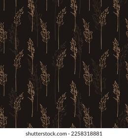 Seamless pattern with dry grass. Black background and golden ornament. Vector botanical illustration. Engraving style. Ornament for wallpaper, textile, packaging, cover. 