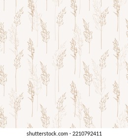 Patrón sin foco con hierba seca. Tonos naturales. Ilustración botánica vectorial. Fondo blanco y decoración beige. Estilo de grabado. 