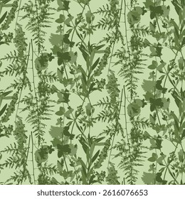 Seamless pattern with dry herbs and leaves on pastel background. Wild field and forest plants wallpaper. Boho botanical texture. Ecological and natural design.