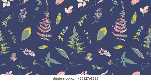Padrão sem emenda com ervas secas e folhas em fundo azul. Papel de parede de plantas de campo selvagem e floresta. Textura botânica boho. Concepção ecológica e natural.