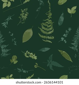 Seamless pattern with dry herbs and leaves on green background. Wild field and forest plants wallpaper. Boho botanical texture. Ecological and natural design.