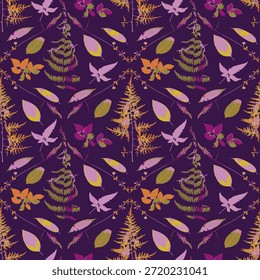 Seamless pattern with dry herbs and leaves on purple background. Wild field and forest plants wallpaper. Boho botanical texture. Ecological and natural design.