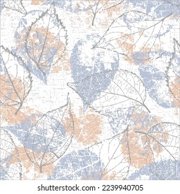 seamless pattern of dry leaves with veins, photography textured blue with orange leaf background.