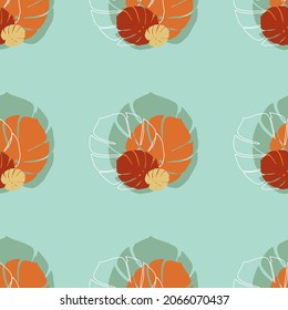Seamless pattern of dry monstera leaves with line on blue background as vector illustration. Fall or autumn season concept wallpaper.