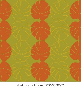 Seamless pattern of dry orange and yellow line of monstera leaves repeat on green background as vector illustration. Fall or autumn season concept wallpaper. Vintage and retro style.