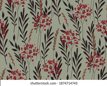 Seamless pattern with dry plants. Leaves, spikelets, twigs with small red flowers are randomly placed across the pattern field. Vector design for various coatings.