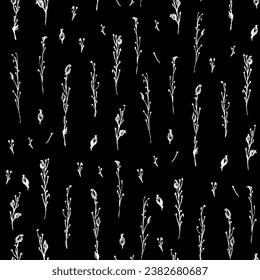 seamless pattern with dry twigs. Autumn background with twigs, blades of grass, hand drawing in ink, pencil