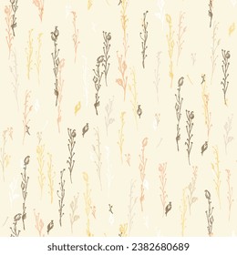 seamless pattern with dry twigs. Autumn background with twigs, blades of grass, hand drawing in ink, pencil