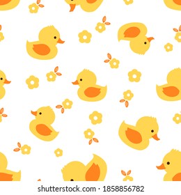 Seamless pattern with duck cartoon and little flower on white background vector illustration.