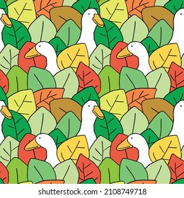 Seamless Pattern of Duck and Colorful Leaf Illustration Design