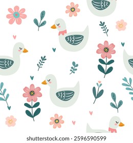 Seamless pattern of duck and flowers in a cute vintage style.