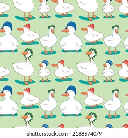 Seamless Pattern with Duck Illustration Design on Light Green Background