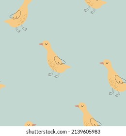 Seamless pattern with duck on pastel blue background. Spring digital background with vector hand drawn elements. Seamless pattern for kids fabric, textile and scrapbook paper.