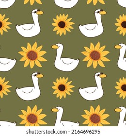 Seamless Pattern with Duck and Sunflower Design on Green Background