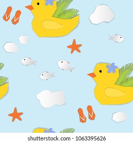 Seamless pattern. Duck swimming in the sea. Paper cut design