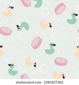 Seamless pattern with duck toys, sponges and bubbles 