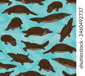 Seamless pattern with duck-billed platypus. Endemic species of Australia and Tasmania. Realistic vector pattern