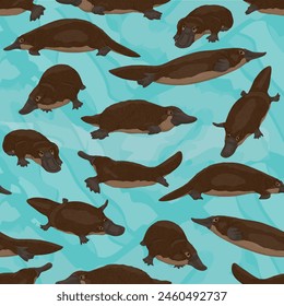 Seamless pattern with duck-billed platypus. Endemic species of Australia and Tasmania. Realistic vector pattern