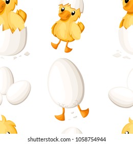 Seamless pattern of duckling hatch from the egg. Cute duckling in cartoon style. Vector illustration on white background. Website page and mobile app design.
