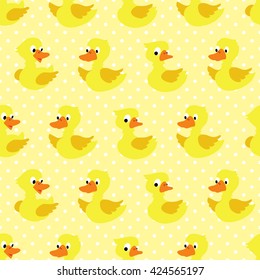 Seamless pattern with duckling on yellow dotted background. Vector illustration.