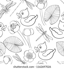 Seamless pattern with ducklings, water lilies and dragonflies on a white background. Vector illustration.