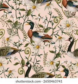 Seamless pattern with ducks, chamomile, fern and other wild flowers. Vector