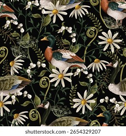 Nahtloses Muster mit Enten, Kamille, Farn und anderen Wildblumen. Vektorgrafik