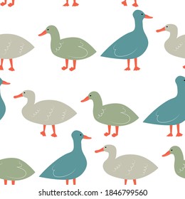 Seamless pattern with ducks. Cute cartoon characters.