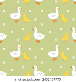 Seamless pattern with ducks, duckling and flowers. Kids vector illustration, cartoon, flat style.