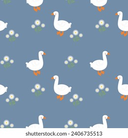 Seamless pattern with ducks, geese, flowers on blue background. Vector illustration, flat style. 