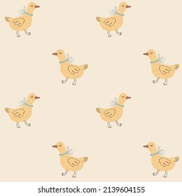 Seamless pattern with ducks on pastel yellow background. Spring digital background with vector hand drawn elements. Seamless pattern for kids fabric, textile and scrapbook paper