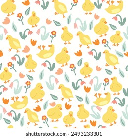 Seamless pattern with ducks and plants. Cute ducks , flowers, and leaves on white background, vector illustration.