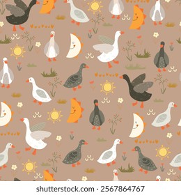 Seamless pattern with ducks, plants, sun, moon and hearts , doodle. Deamless pattern with cute animal.