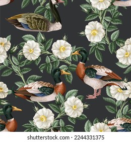 Seamless pattern with ducks and roses. Vector