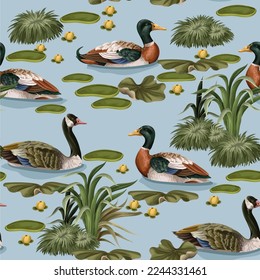 Seamless pattern with ducks and water lilies in the pond. Vector