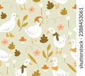 seamless pattern of ducks wearing scarf , head scarf, boots ,with leaves and flowers on pastel green olive background , vector, illustration