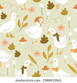 seamless pattern of ducks wearing scarf , head scarf, boots ,with leaves and flowers on pastel green olive background , vector, illustration