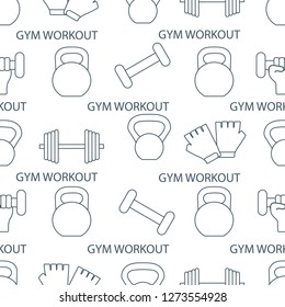 Seamless pattern with dumbbells, gloves, arm with dumbbells. Sports background. Weightlifting equipment.