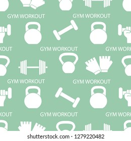 Seamless pattern with dumbbells, gloves, arm with dumbbells. Sports background. Weightlifting equipment.