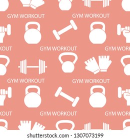 Seamless pattern with dumbbells, gloves, arm with dumbbells. Sports background. Weightlifting equipment.