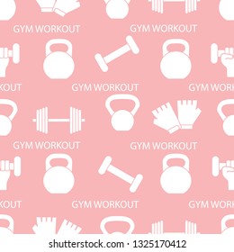 Seamless pattern with dumbbells, gloves, arm with dumbbells. Sports background. Weightlifting equipment.