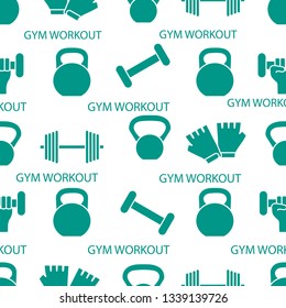 Seamless pattern with dumbbells, gloves, arm with dumbbells. Sports background. Weightlifting equipment.